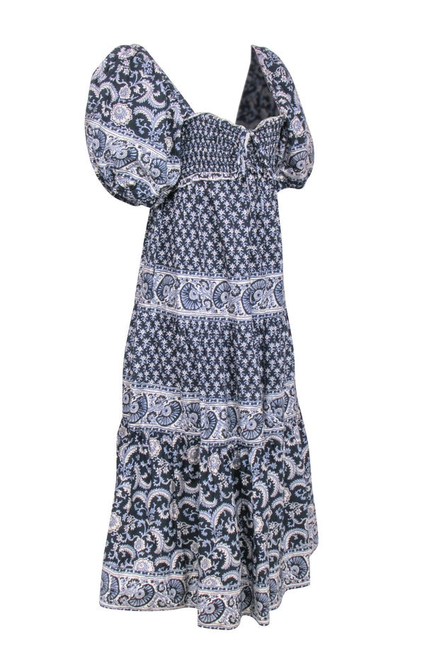 Current Boutique-Sea NY - Navy & White Print Maxi Puff Sleeve Dress Sz M