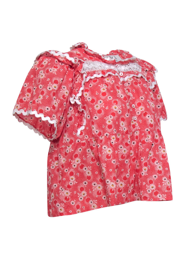 Current Boutique-Sea NY - Red & Ivory Floral Ruffle Top Sz S