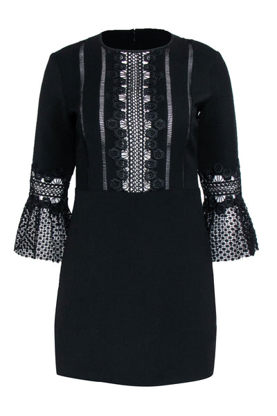 Current Boutique-Self-Portrait - Black Long Sleeve Lace Trim Mini Dress Sz 6