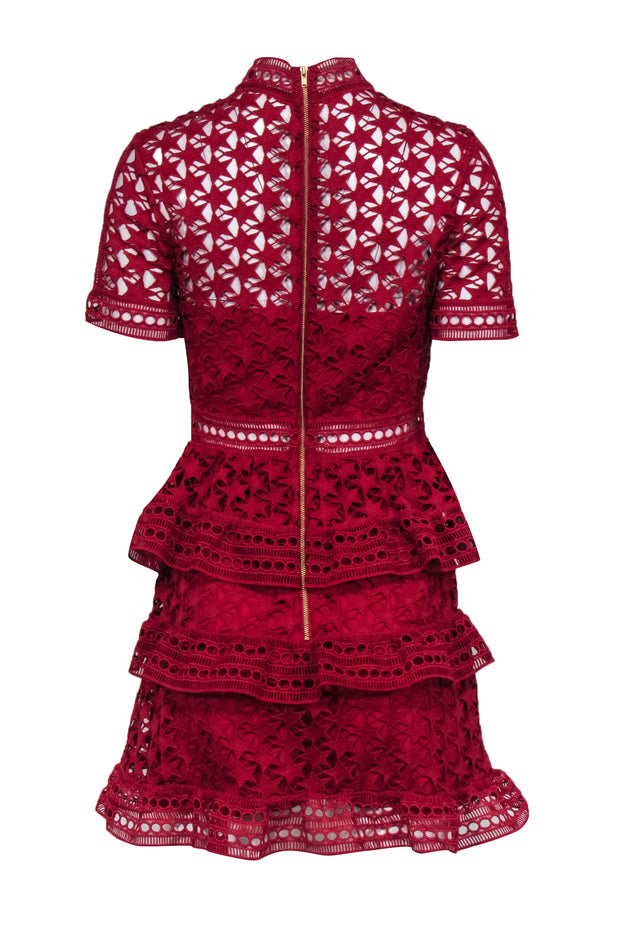 Current Boutique-Self-Portrait - Red Guipure Lace Short Sleeve Ruffled Dress Sz 4