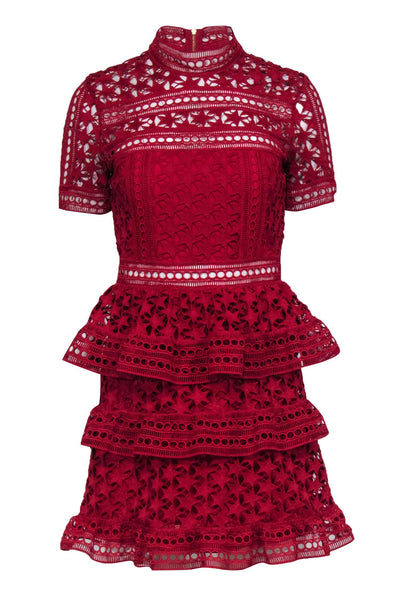 Current Boutique-Self-Portrait - Red Guipure Lace Short Sleeve Ruffled Dress Sz 4