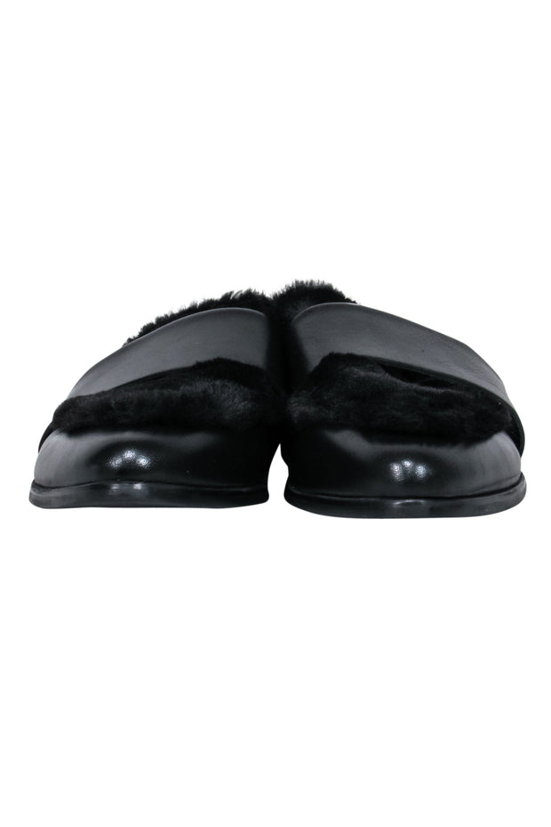Current Boutique-Sol Sana - Black Leather Mules w/ Faux Fur Toe Shoes Sz 8