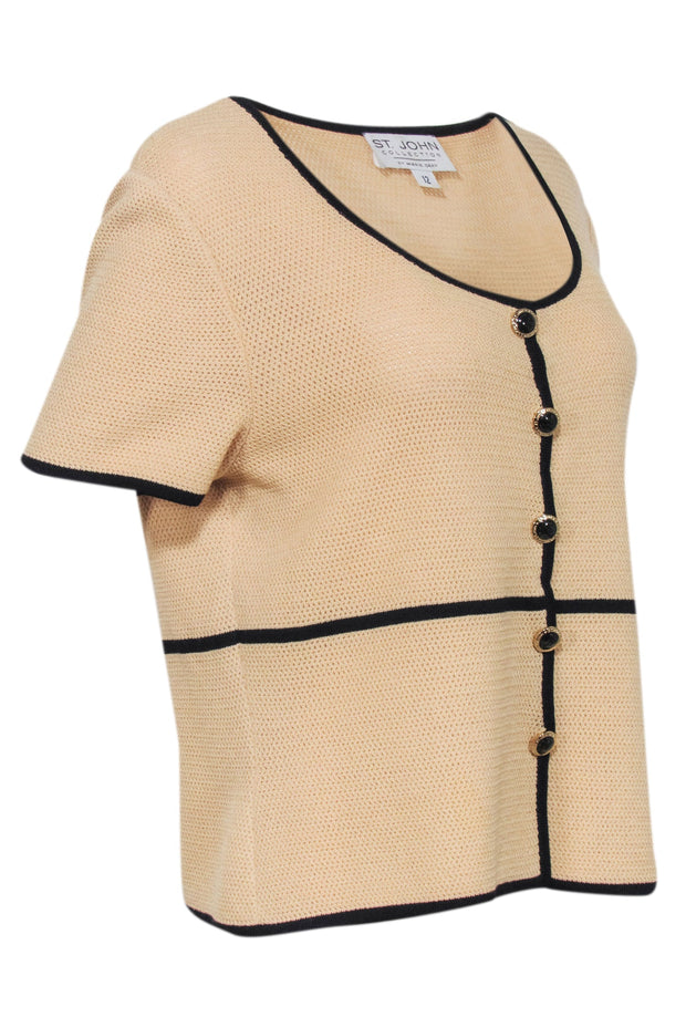 Current Boutique-St. John - Beige & Black Knit Button Detail Top Sz 12