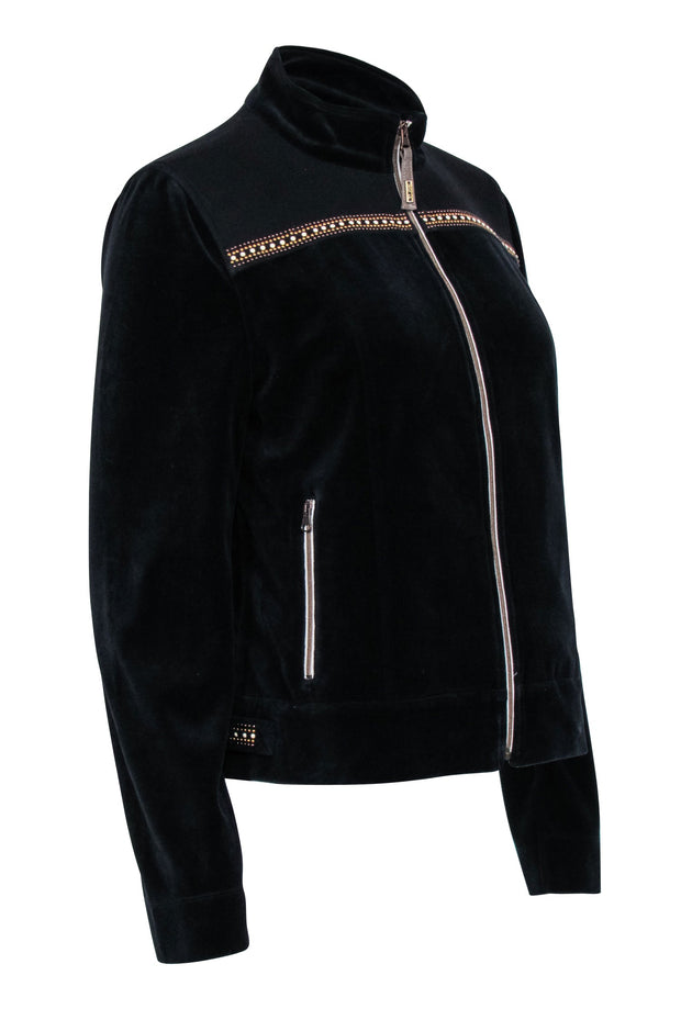 Current Boutique-St. John - Black Velour Zipper Front Jacket w/ Gold Trim Sz S