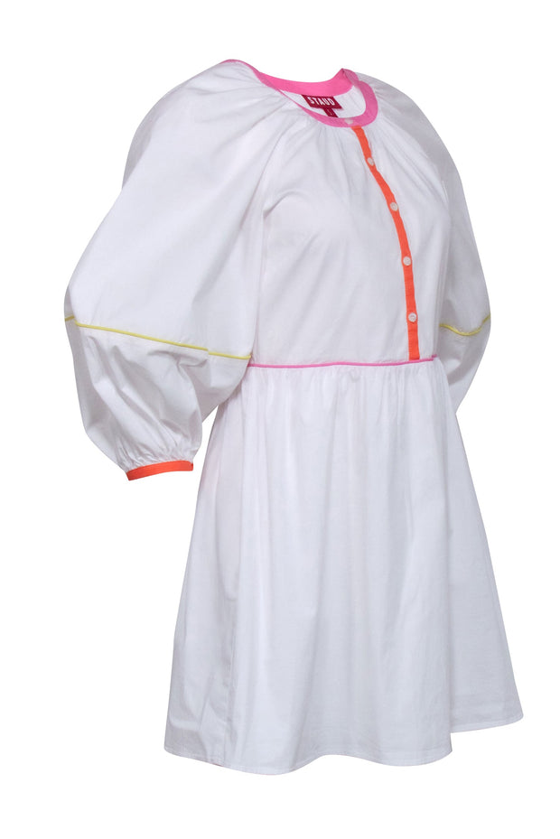 Current Boutique-Staud - White Long Sleeve Babydoll Mini Dress w/ Colorful Trim Sz S