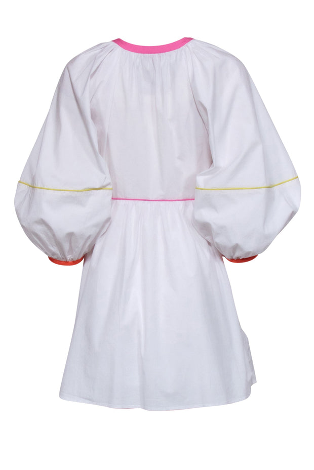 Current Boutique-Staud - White Long Sleeve Babydoll Mini Dress w/ Colorful Trim Sz S