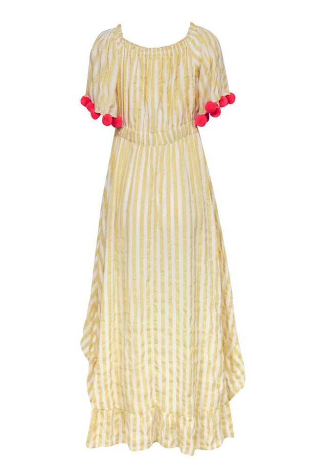 Current Boutique-Sundress - Yellow Stripe High-Low Dress w/ Magenta Pom Trim Sz XS/S