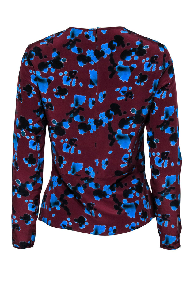Current Boutique-Tanya Taylor - Burgundy Silk Blouse w/ Blue Splatter Pattern Sz 2