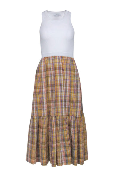 Current Boutique-Tanya Taylor - Yellow Madras Plaid Print Dress w/ White Knit Bodice Sz XS