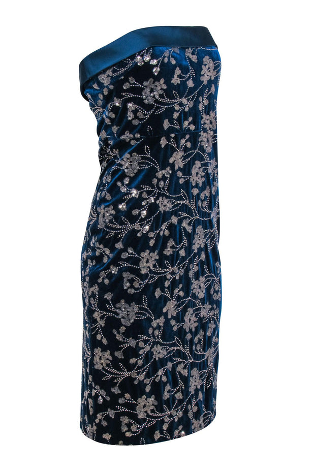 Current Boutique-Theia - Dark Blue Velvet Beaded Strapless Dress Sz 8