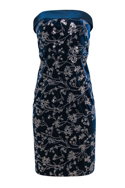 Current Boutique-Theia - Dark Blue Velvet Beaded Strapless Dress Sz 8