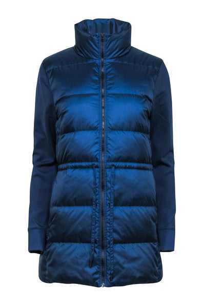 Current Boutique-Theory - Navy Blue Quilted Puffer Coat w/ Drawstring & Scuba Sleeves Sz M