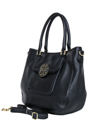 Current Boutique-Tory Burch - Black Pebbled Leather Logo Front Handbag
