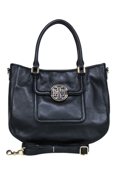 Current Boutique-Tory Burch - Black Pebbled Leather Logo Front Handbag