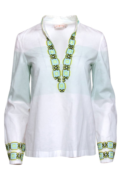 Current Boutique-Tory Burch - Blue & White Ombre Embroidered Tunic Blouse Sz 2