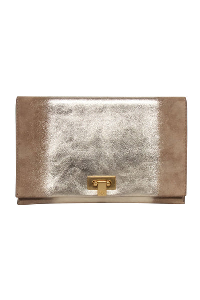 Current Boutique-Tory Burch - Gold & Beige Leather & Suede Fold Over Clutch