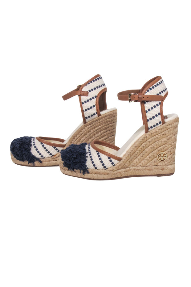 Current Boutique-Tory Burch - Ivory & Navy Woven Wedges Sz 6.5