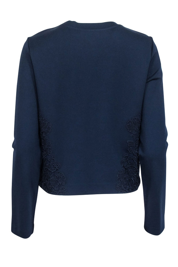 Current Boutique-Tory Burch - Navy Cropped Sweatshirt w/ Floral Lace Applique Sz M