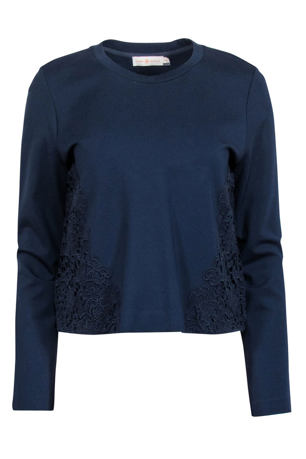 Current Boutique-Tory Burch - Navy Cropped Sweatshirt w/ Floral Lace Applique Sz M
