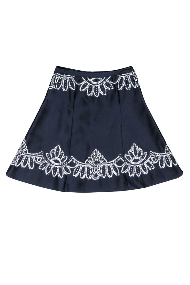 Current Boutique-Tory Burch - Navy w/ White Embroidered Print Skirt Sz 6