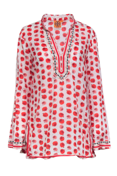 Current Boutique-Tory Burch - Red & White Long Sleeve Hedgehog Print Tunic Blouse Sz 12