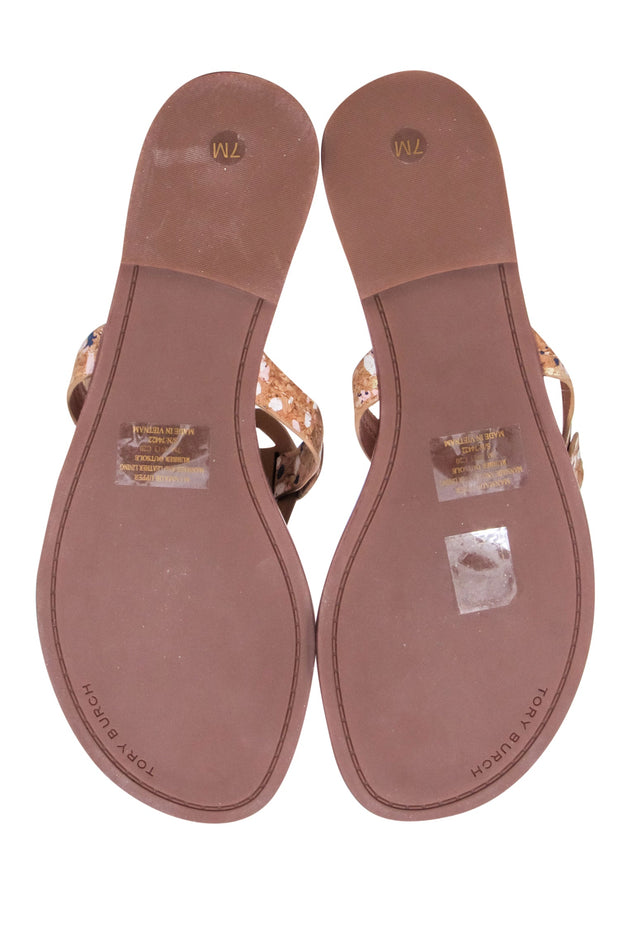 Current Boutique-Tory Burch - Tan Cork w/ Navy & Pink Paint Splatter Thong Sandals Sz 7