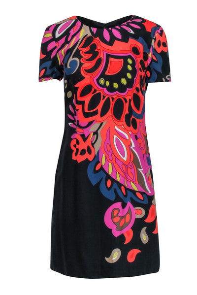 Current Boutique-Trina Turk - Black & Multicolored Floral Print Short Sleeve Shift Dress Sz 4