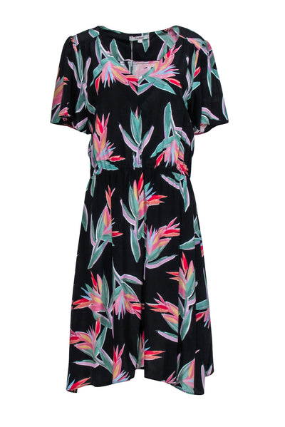 Current Boutique-Tucker - Black Multicolor Tropical Print Silk "Chelsea" Dress Sz L