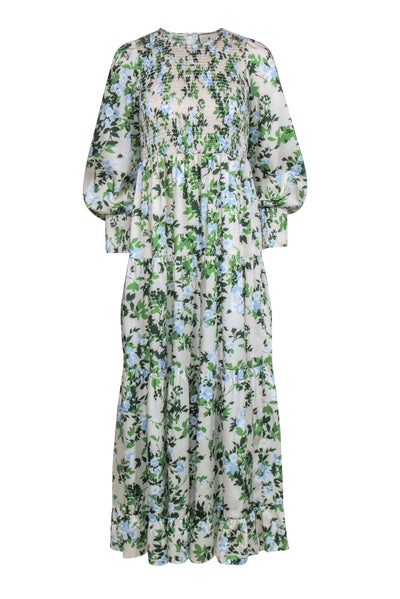 Current Boutique-Tuckernuck - Beige w/ Blue & Green Floral Print Smocked Dress Sz S
