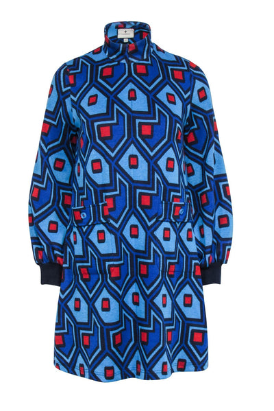 Current Boutique-Tuckernuck - Blue & Red Geometric Print Long Sleeve Knit Dress Sz S
