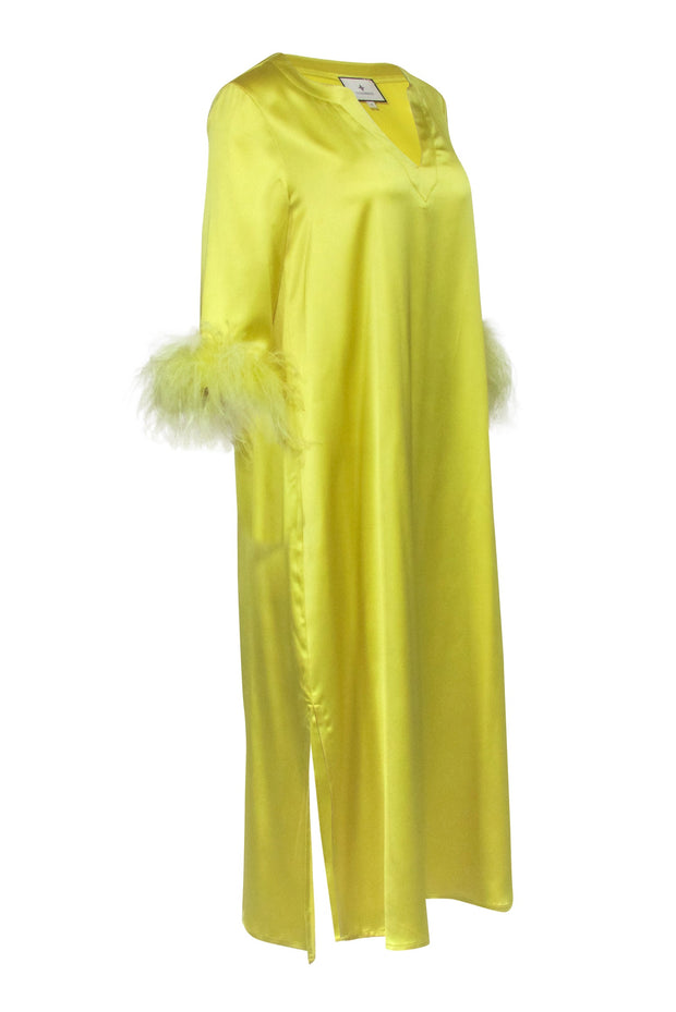 Current Boutique-Tuckernuck - Citron Yellow Maxi Caftan Dress w/ Feather Trim Sz S