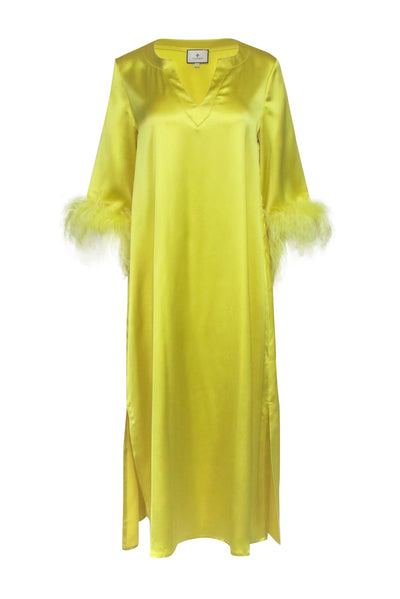 Current Boutique-Tuckernuck - Citron Yellow Maxi Caftan Dress w/ Feather Trim Sz S