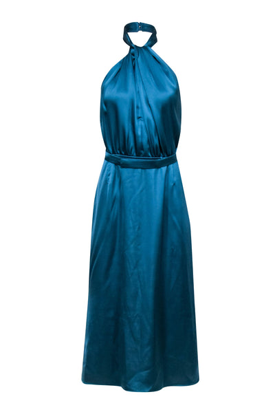 Current Boutique-UNDRESS - Dusty Blue Satin Halter Midi Dress Sz L