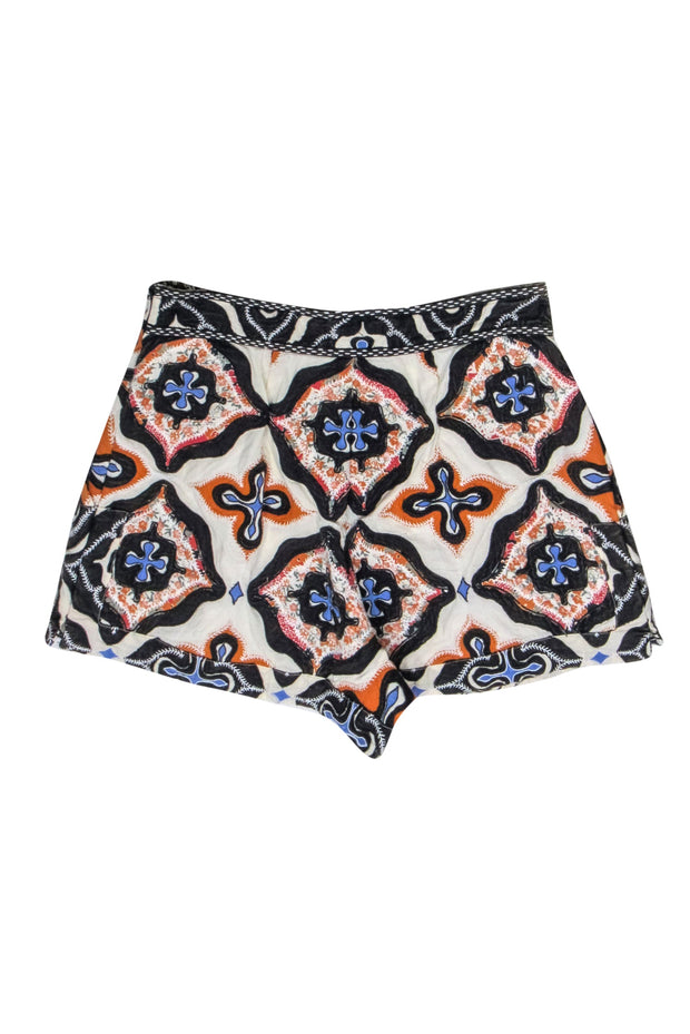 Current Boutique-Ulla Johnson - Ivory, Black, Orange, & Blue Embroidered Print Shorts Sz 12