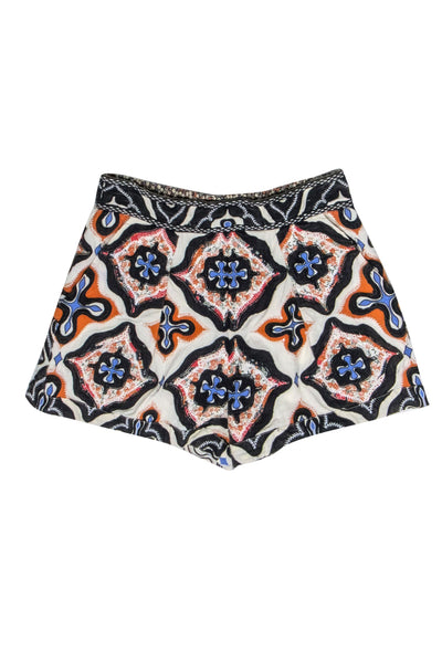 Current Boutique-Ulla Johnson - Ivory, Black, Orange, & Blue Embroidered Print Shorts Sz 12