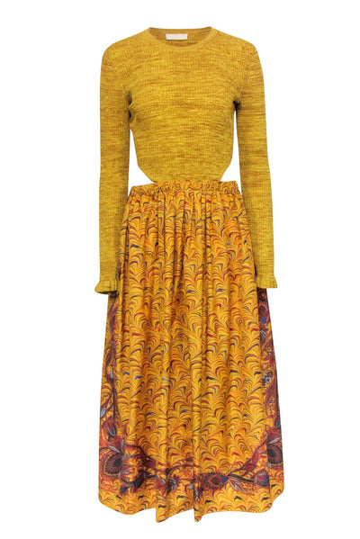 Current Boutique-Ulla Johnson - Mustard Yellow Ribbed Bodice Dress w/ Multi Color Print Bottom Sz 6
