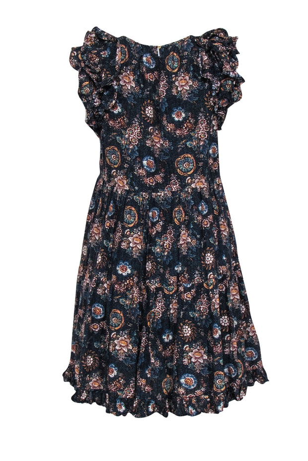 Current Boutique-Ulla Johnson - Navy Floral Print Sleeveless Ruffled Mini Dress Sz 4