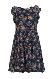 Current Boutique-Ulla Johnson - Navy Floral Print Sleeveless Ruffled Mini Dress Sz 4