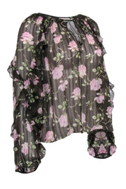 Current Boutique-Ulla Johnson - Olive & Pink Floral Print Semi Sheer Top Sz 6