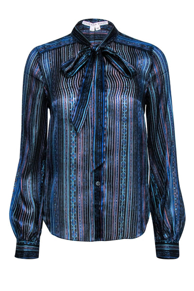Current Boutique-Veronica Beard - Blue Sheer Silk Blend Multi-Print Blouse Sz 2