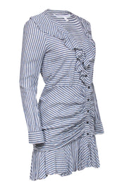 Current Boutique-Veronica Beard - White & Blue Striped Ruffled Dress w/ Swiss Dot Detailing Sz 6
