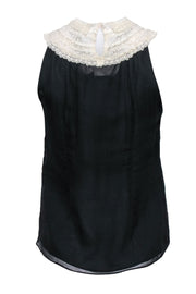 Current Boutique-Wendy Hil - Black Sleeveless Silk Blouse w/ Lace Collar Sz S
