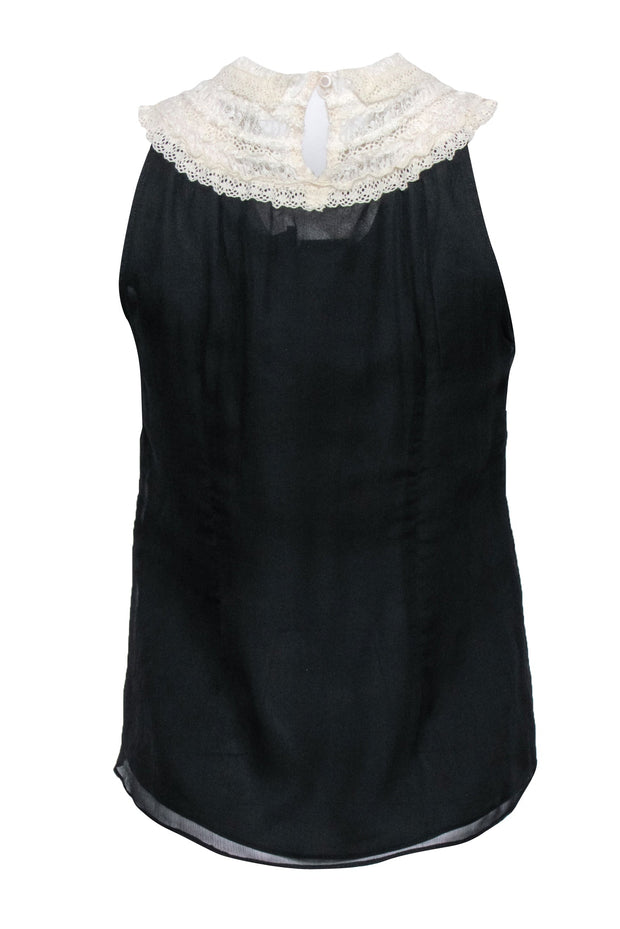 Current Boutique-Wendy Hil - Black Sleeveless Silk Blouse w/ Lace Collar Sz S