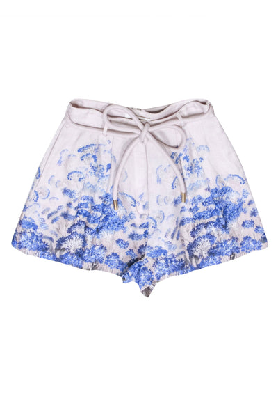Current Boutique-Zimmermann - Beige Linen Shorts w/ Lilac & Blue Floral Print Sz 8