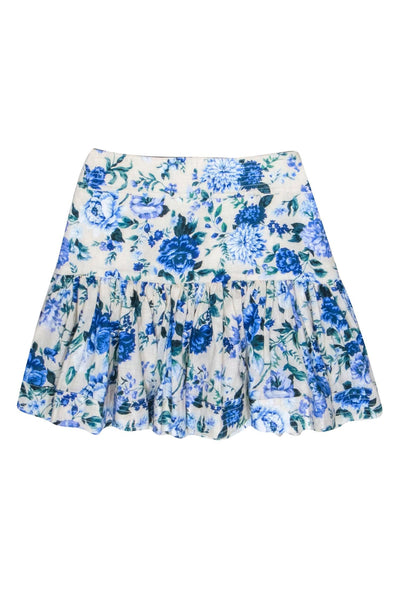 Current Boutique-Zimmermann - Cream w/Blue Floral Print Linen Skirt Sz 6