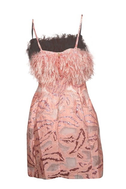 Anthropologie - Pink & Metallic Brocade Sleeveless Feather Trimmed Dre Anthropologie - Pink & Metallic Brocade Sleeveless Feather Trimmed Dre
