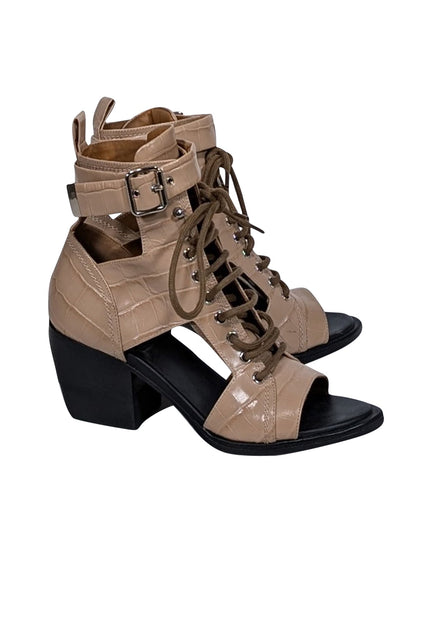 Chloe Beige Croc Embossed Cutout Lace Up Short Boots Sz