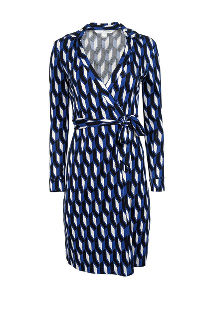 Diane von Furstenberg - Blue, White, & Black Geometric Printed Wrap Dress Sz 0 Diane von Furstenberg - Blue, White, & Black Geometric Printed Wrap Dress Sz 0
