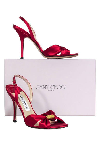 Jimmy Choo - Red Satin Open Toe Pumps Sz 7.5 | Current Boutique