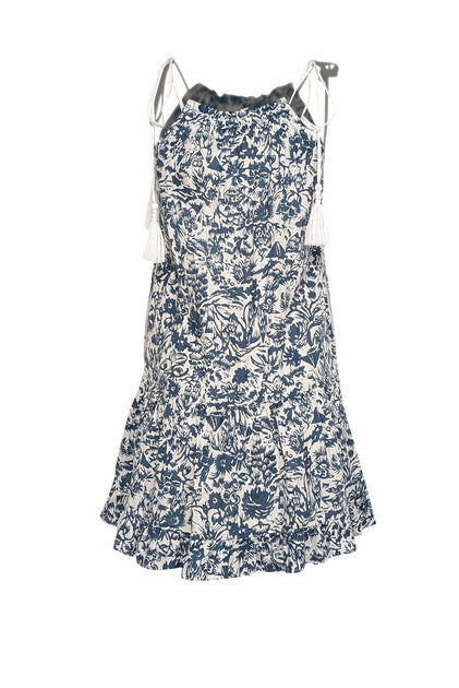 Joie - Blue & White Floral Sleeveless w/ Tassel Straps Linen Mini Dress Sz XS Joie - Blue & White Floral Sleeveless w/ Tassel Straps Linen Mini Dress Sz XS
